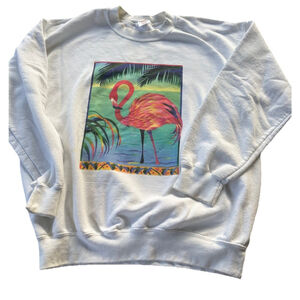 Pink Flamingo Sweatshirt Womens M Tropical Beach Graphic Crewneck Vacation Vibes